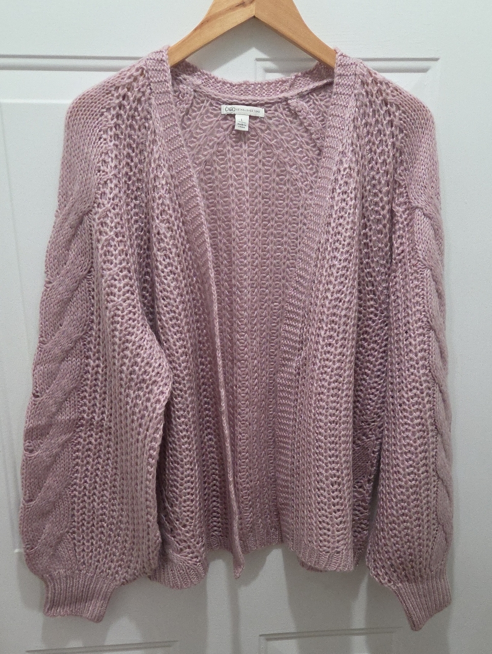 NWOT Cato Dusty Lilac Open-Front Cable Knit Cardigan L